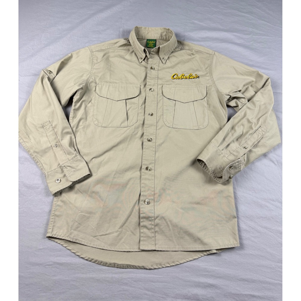 Cabelas Mens Small Tan Khaki Long Sleeve Button Down Utility Shirt Logo RN56835
